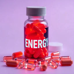 Pills in a bottle with the word energy