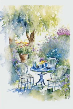 abstract watercolour english cottage garden with table and 2 chairs in the style of jean haines, centred
