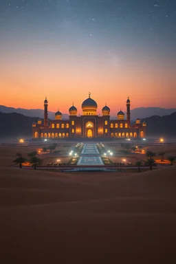 photographic realism. a beautiful Arabic scene in the middle of a desert at sunset. atmospheric. huge palace and immense view of the night sky.