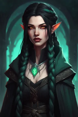 Beautiful young Hexblood warlock female character. Long straight jet-black hair to the waist. Half-up hairstyle with two loose Dutch braids on each side. Bright glowing pale emerald-red eyes. Delicate face. High cheekbones. Full lips. Soft smile. Faint dark vine markings on face and neck. Black long cloak. Scars, markings and tattoos Realistic dark fantasy. Highly detailed. Cinematic lighting.