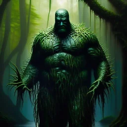 Ultra detailed fullbody Portrait in oil on canvas the Swamp Thing ,intense stare,extremely detailed digital painting, extremely detailed face,crystal clear Big eyes, mystical colors ,perfectly centered image, perfect composition, rim light, beautiful lighting,masterpiece,8k, stunning scene, raytracing, anatomically correct, in the style of robert e howard and Ken Kelley and Ohrai Noriyoshi and Simon Bisley and tomzj1