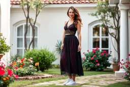 very beautiful lady with beautiful midi dark black-red lace skirt and lace top with curvy hair sports shoes standing in a nice villa yard with trees flowers ,16 by 9