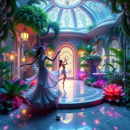 Here is a prompt for AI image generation to create an image of 3D fractal recursive art of dancer girls in a magical villa garden of the future: "3D fractal recursive art of dancer girls in a futuristic magical villa garden. Intricate, detailed, dreamlike, fantastical, surreal, volumetric, layered, geometric patterns. Ethereal, shimmering, otherworldly. Elegant, graceful dancers in motion, surrounded by lush, verdant vegetation, ornate architecture, and glowing, luminescent elements. Vibrant, s