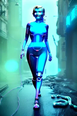 Ultra Realistic image, portrait, blonde woman, Marylin Monroe face, perfect iris, glow eyes, glow makeup. Cyborg, Cyberpunk, ghost in the shell style, wires connected, oversized transparent latex coat, yakuza tattoos body. fog, rain, soft color, highly detailed, unreal engine 5, ray tracing, RTX, lumen lighting, ultra detail, volumetric lighting, 3d, finely drawn, high definition, high resolution.