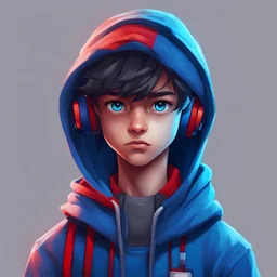 create an avatar of a boy, he is a gamer, he likes blue, so he has blue and red clothes he hes airpod or a hedset and he has a hood and a Sweatshirt