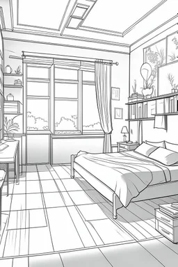 Outline art, house interior design, bedroom, no shading, no lines, cartoon style, --ar 9:11