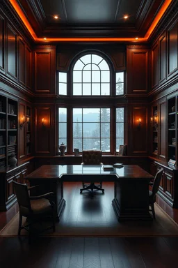 Picture of a study with mahogany panelled walls, a large landscape window and a large darkwood desk, photorealistic, dark fantasy, 4k