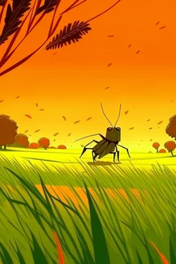 Grasshopper，Rice field，Trees，Warm color palette，Animation