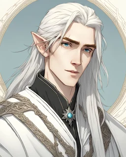 a young High Elf frost Wizard with long wiry hair, wearing a black trimmed white nobleman's robe and frost ornaments on clothes, with a small weasel on his shoulder