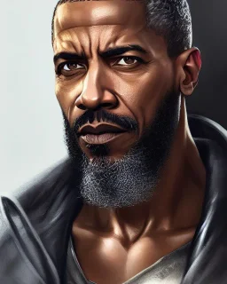 "MIddle aged African American human male, with a trimmed but uneven beard, piercing eyes with slick back hair, 8k resolution concept art portrait by Greg Rutkowski, Artgerm, WLOP, Barak Obama dynamic lighting hyperdetailed intricately detailed Splash art trending on Artstation triadic colors Unreal Engine 5 volumetric lighting Splash art fantasy, grey hair, sitting in Starbucks drinking coffee