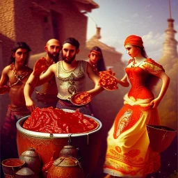 lady giving a jar of ajvar to gypsies