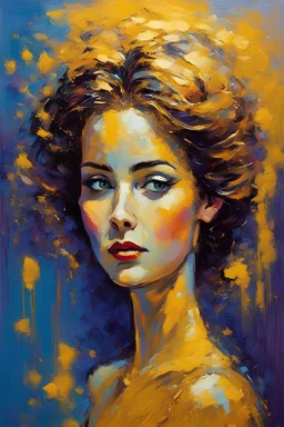 John Lowrie Morrison oil impasto paintingwoman Clad in the liquid gold of avant-garde elegance, her gaze is an enigmatic force that beckons the beholder into realms of opulent mystique.