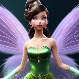 Tinker Bell fairy,detailed eyes, disturbed expression.intricate detaile,thnically accurate face, intricate head dress,intricate fairy dress, detailed hair, detailed feathers,fairy wings use dynamic palette, accurate proportions, high contrast black smokey bokeh background. korra character style.