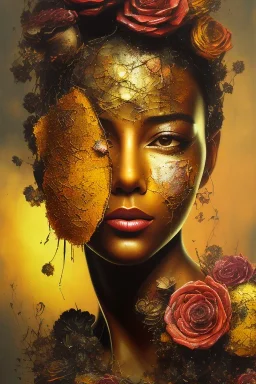 an abstract painting of rusted metal and flowers, sun set portrait, rust, scaffolding, iron cladding, decay, mixed media, textured, anatomically correct, beautiful perfect face, sharp focus, highly detailed