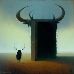 High concept art, horror movie aesthetic, by Zdzislaw Beksinski and Gabriel Pacheco, fine matte oil painting, in an empty field guarding a surreal standalone wooden doorway revealing a portal of brilliant light is a fearsome minitour holding an axe who has a television set on his head broadcasting a picture of a bull head, sinister, concept art, oddball masterpiece, sfumato, complex contrast,