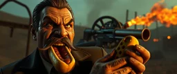 mean looking mafia thug with mustache eating a two hot dogs while fighting on the style of Giger and fallout 4