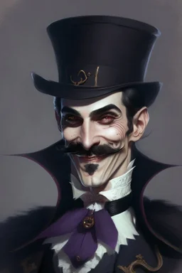 Strahd von Zarovich with a handlebar mustache tipping his top hat with a coy grin