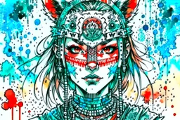 front facing watercolor portrait illustration of a gothpunk armored female kitsune vampire mercenary , beaded dreadlock hair, wearing an ancient ornate japanese kitsune mask , and shemagh, highly detailed with gritty post apocalyptic textures, caught in a cosmic maelstrom of swirling gases , finely detailed facial features and hair, in the graphic novel style of Bill Sienkiewicz, and Jean Giraud Moebius, ink wash and watercolor with realistic light and shadow