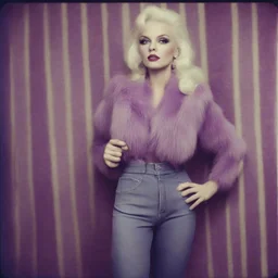Actress Mamie van doren, hippie girl, jeans, purple fur, striped wallpaper, old autochrome