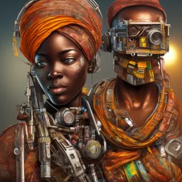 african portrait in rusted clocks, rust, scaffolding, ghana colours, cyberpunk, high detail