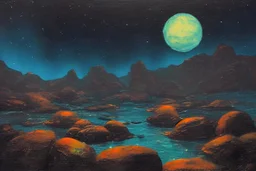 Rocks, night, 2000's sci-fi movies influence, otto pippel impressionism painting