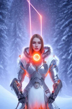 portrait of a beautiful girl, wearing glowing orange armor, futuristic armor, holographic sword, snowy mountain background, snow, fur cloak