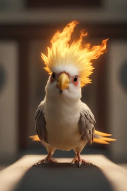 male cockatiel sun soul monk flaming angry short Realistic, cinematic, 35mm anamorphic lens