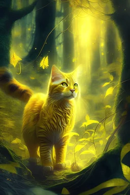Magical yellow cat in a magical forest