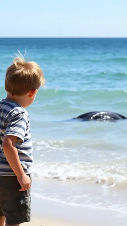 A child and his poppy standing by the beach watching the dolphins in the ocean