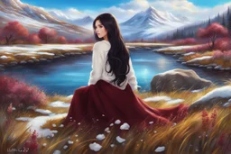 country side ,blue sky , snow on mountains, pretty clouds ,small rocky river with clear water small rocks in floor,wild flowers,beautiful Snow White, long shiny black curvy hair, wearing a burgundy sweater with the word TURK GIZI written on it, in gold, work clothes, standing, super realistic Fairy lights, intricate detail, texture, depth, vividness, movement, namex, energy, bioluminescence, stunning, epic, ultra-detailed, 8K photography by Miki Asai Macro, close-up, extremely detailed, pop