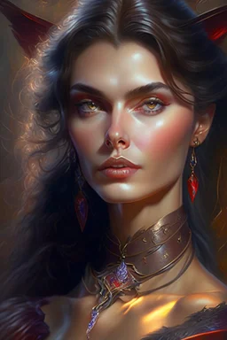 witchcraft, half body of face of a beautiful young woman, ultrarealistic, flirty gaze, centerfold, fashion pose, magical, gorgeous, decolletage, jewelry, leather straps, fantasy environment, portrait of head and torso, Vladimir Volegov, Aleksei Vinogradov, Donato Giancolla, fantasy, hyperdetailed, ultra complex, head and shoulders portrait, 4k resolution, Clint Cearley, ilya kuvshinov, global illumination, detailed and intricate environment, epic, portrait, beautiful grey eyes, gorgeous, female