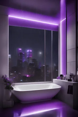 bathroom, purple leds, night, shower, fancy, modern, future, big window overlooking the panem at the night, cosmos, white, black, 2070, vibe, rain, city, not too much lights, minimalism, reality, high quality