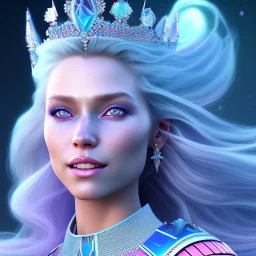 A portrait of a full body crystalised blue pink queen,smiling face, blue eyes, long blond hair, atmospheric, realistic, unreal engine, lighting