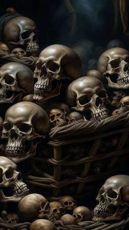 Bosch nightmares paining style Title:a basket full of human skulls , 8k artistic photography, photorealistic concept art, soft natural volumetric cinematic perfect light, chiaroscuro, award-winning photograph, masterpiece, oil on canvas, Raphael, Caravaggio, Greg Rutkowski, people, beksinski, Giger