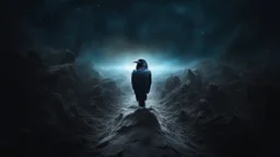 Crow in a space, at the end of the time, hyper realistic