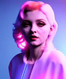 Artist, young madonna, android woman, sweet, blonde, white skin, long eyeliner, contour make-up, color leds lights, short hair, circuits, ghost in the shell, latex coat, feather, cyber punk, neon, bamboo, blood, portrait, studio photo, unreal engine 5, soft color, 16 bit, god lights, ray tracing, RTX, lumen lighting, ultra deatail, volumetric lighting, 3d, finely drawn, hd.