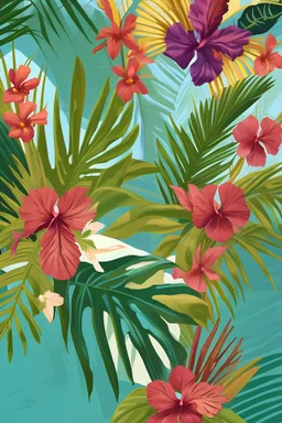 Create Lush botanicals in a hand-painted style, featuring a mix of tropical and traditional flowers. Imagine a riot of colors, with large palm leaves, hibiscus, and orchids intertwined on a mdf rectangular panel