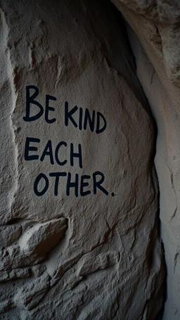 A hand writing On cave wall written “ BE KIND TO EACH OTHER “ an old man with bear and king hair died by the cave wall , a dim lighting great quality picture with primitive style