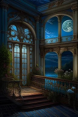 the balcony of the palace, moonlight, beautiful flowers, the surface of the water under the balcony like a mirror, mega-detailed drawing of small fine details, photorealistic drawing with colored pencil + pastel, ink, bright, botanical, fantasy, medieval atmosphere, cinematic, Art Nouveau, the camera is aimed at the object