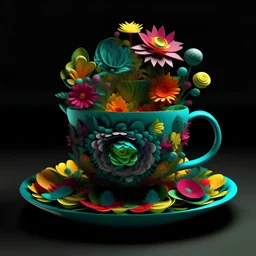 a cup of green tea design, complex, trippy, bunchy, 3d lighting, 3d, realistic head, colorful, floral, flowers, cut out, modern, symmetrical, center, abstract