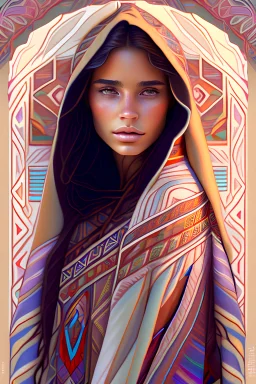 a beautiful young spanish woman wrapped in a blanket, native american style, full body, elegant, highly detailed, digital painting, artstation, concept art, smooth, sharp focus, illustration, alphonse mucha, 4K, photography, photorealistic, detailed illustration pastel tetradic colors, cute and quirky, hand-drawn, digital painting, soft lighting, isometric style, retro aesthetic, 4K resolution, photorealistic rendering, as painted in the style of Frank Frazetta