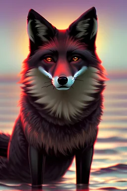 Black fox glowing eyes playing in water sunset
