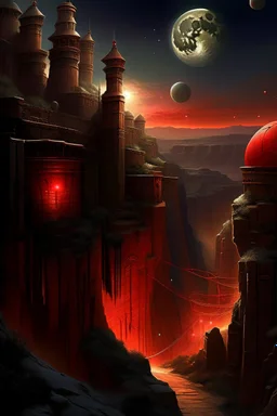 Distant view of an ancient walled city sitting in a canyon as viewed from the rim of the canyon, the city is lighted by torches placed along the walls with windows high upon the wall, One window has a scarlet cord draped out reaching the ground, the sky is dark and surrealistic with planets and moons on the horizon, the rim of the canyon has armored soldiers laying in wait while 2 spies work their way down to the outside of the city wall where the scarlet cord hangs from the window above a cross