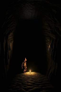 character in semi-darkness, on the scree cone of an underground room dimly lit by daylight coming from a well located forty meters above.