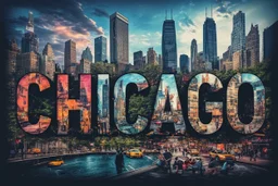 Prompt : A striking high-contrast, cinematic photo-style vertical collage that captures the essence of the City. Each letter of "CHICAGO" is represented by a dynamic and vibrant scene, with different iconic landmarks and moments in time. Grand buildings and Parks dominate the background, while smaller scenes such as bustling street life, yellow taxis, and people performing various activities fill the foreground. The overall mood is energetic and lively, with an emphasis on the vibrant spirit of