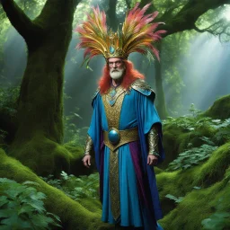 [high res photo by Monty Python] Oberon from Shakespeare's A Midsummer Night's Dream. Regal and commanding, with a towering presence and angular features that speak of ancient wisdom. His aura glows with an ethereal light that sets him apart from mere mortals. Clad in robes of deep jewel tones that reflect the lush colors of the forest, Oberon's eyes are sharp and piercing, hinting at a mind as sharp as a blade. Today, he steps into the arena of the forest clearing as a gladiator, ready to displ