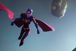 A robot in the suit of Supergirl, flying.