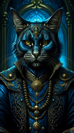 Upscale orkand almost leads to the extinction of cat musk king with chrown, in an accurate revenge scheme,Dramatic, dark and moody, inspired style, with intricate details and a sense of mystery Blue background, 16k