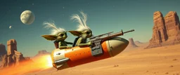 hairy macho gremlin aliens living in a hi tech marvellous hot dog rocket with a mounted sling shot, heading for venus