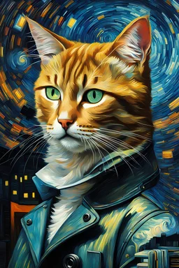 Portrait of a cyberpunk cat by Van Gogh